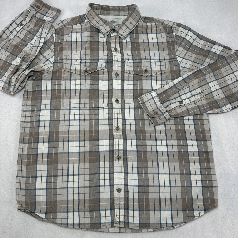 REI Cooperative Shirt Mens Large Beige Blue Plaid Flannel Long Sleeve Button Up‎
